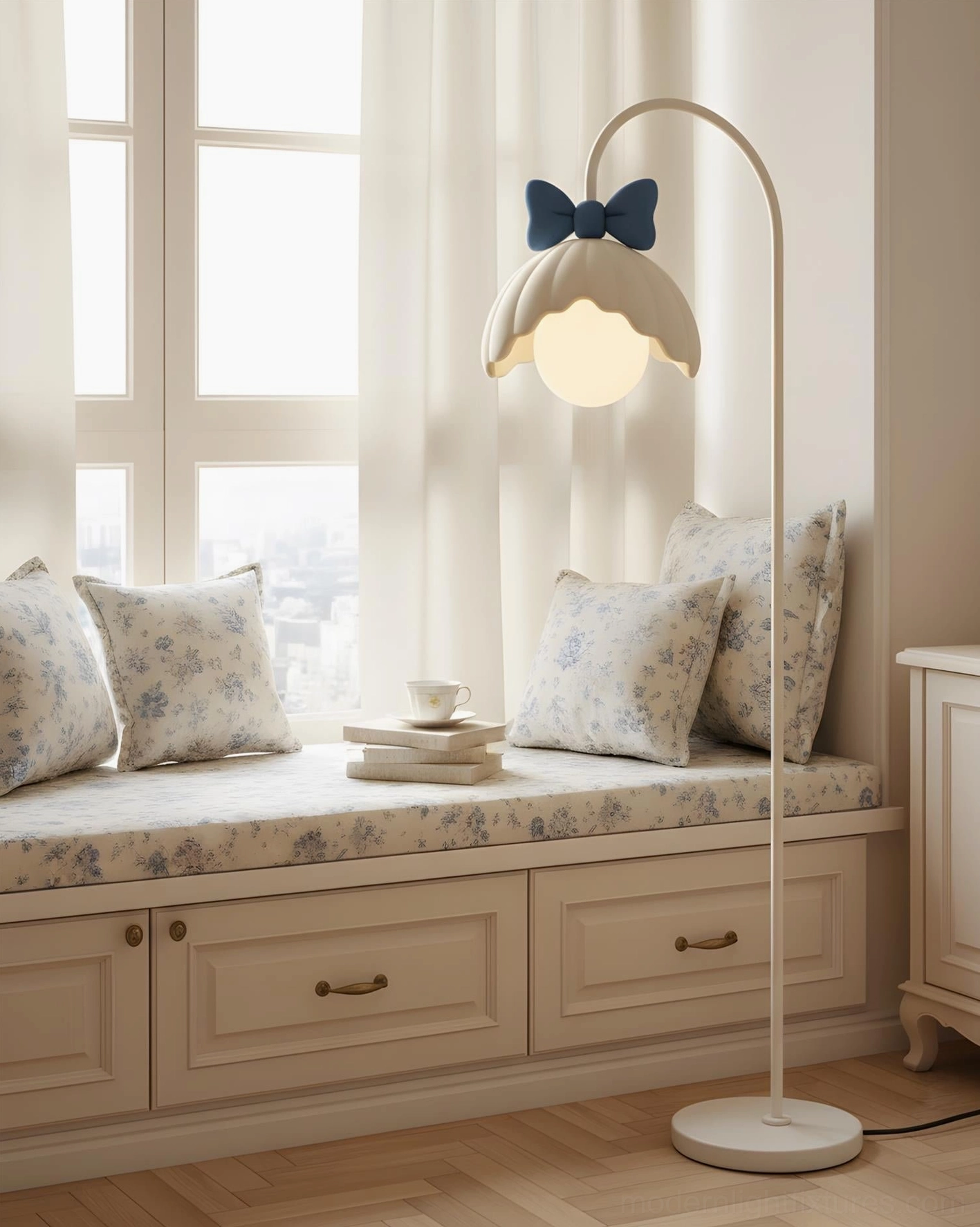 Minty Belle scalloped bow floor lamp detailed side view showing fabric shade and metal frame construction