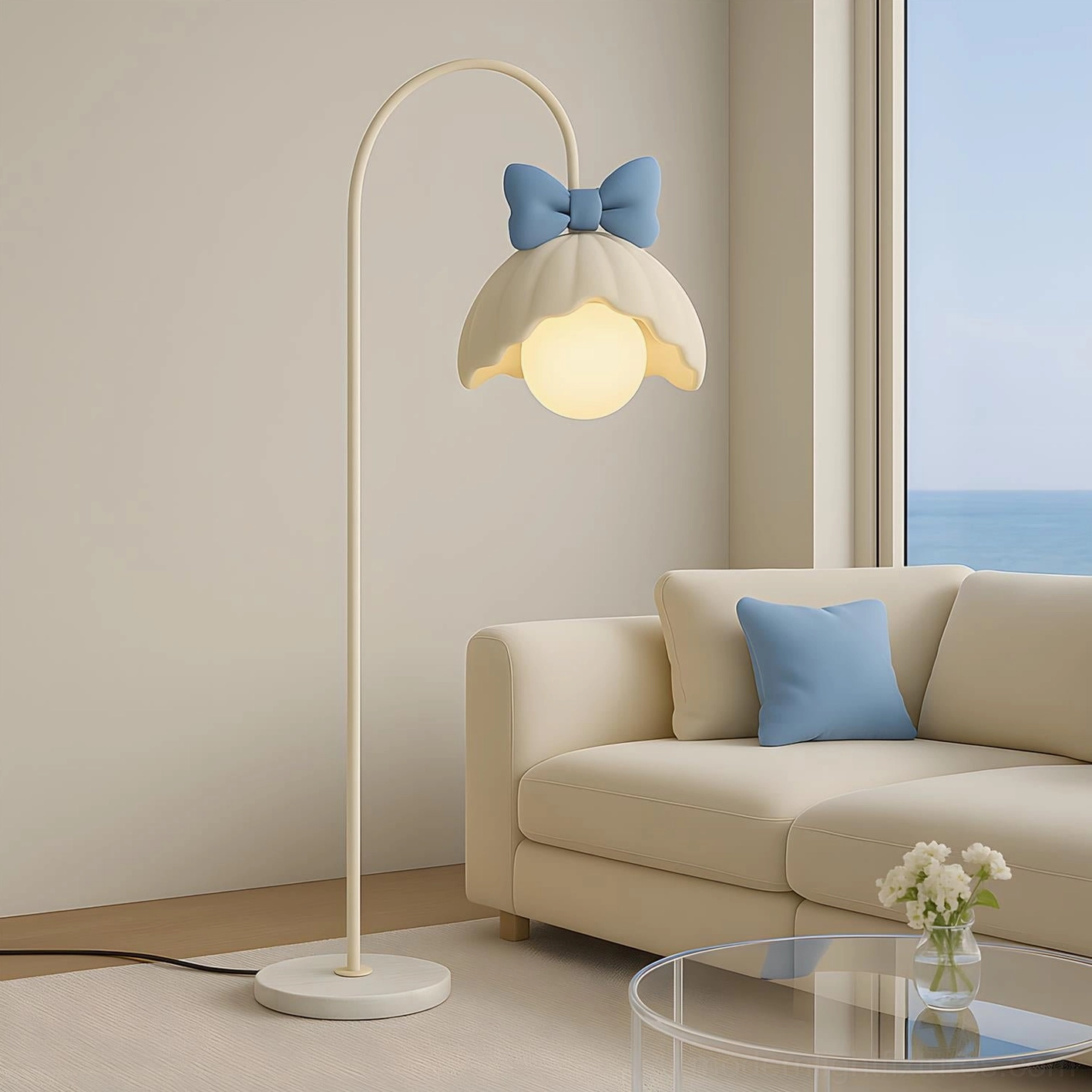 Scalloped bow floor lamp installation and foot switch detail showing convenient on-off control