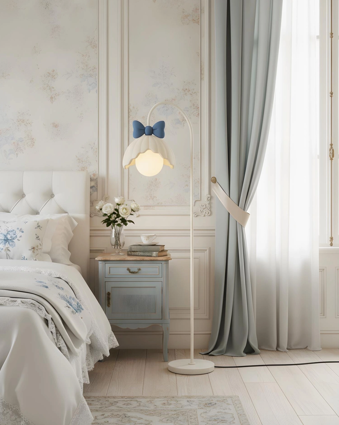 French country bedroom scalloped bow floor lamp side angle in master bedroom bedside zone soft blue cream palette