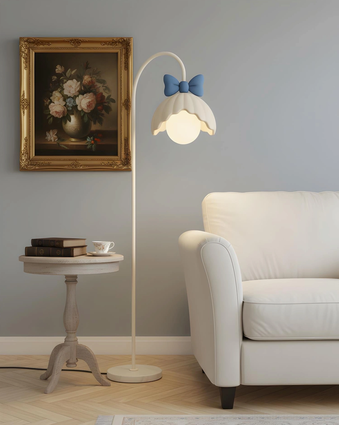 Minimalist elegant blue bow floor lamp side view beside neutral sofa in small living nook space