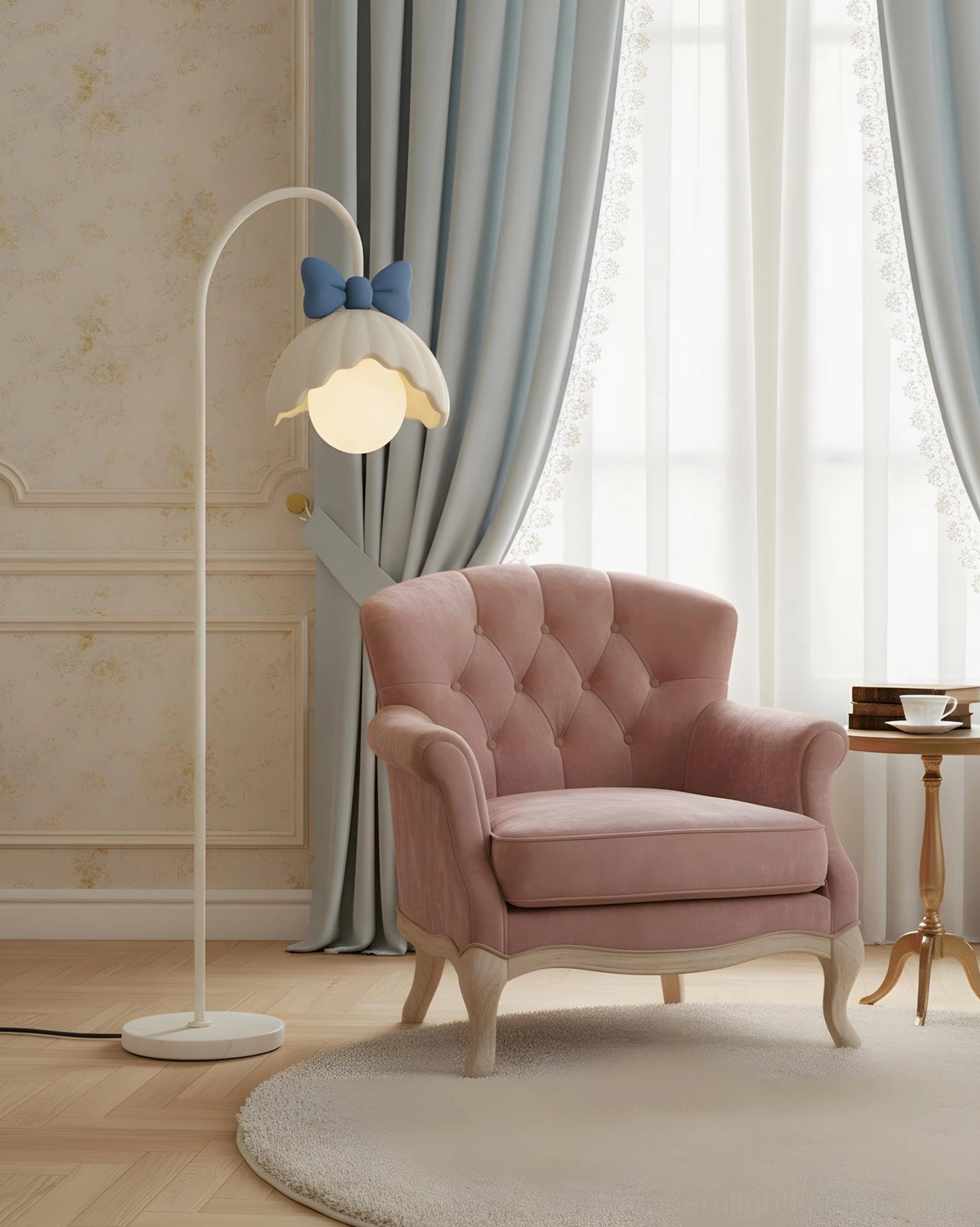 Romantic vintage scalloped bow floor lamp side angle with pink upholstered furniture and vintage accent chair