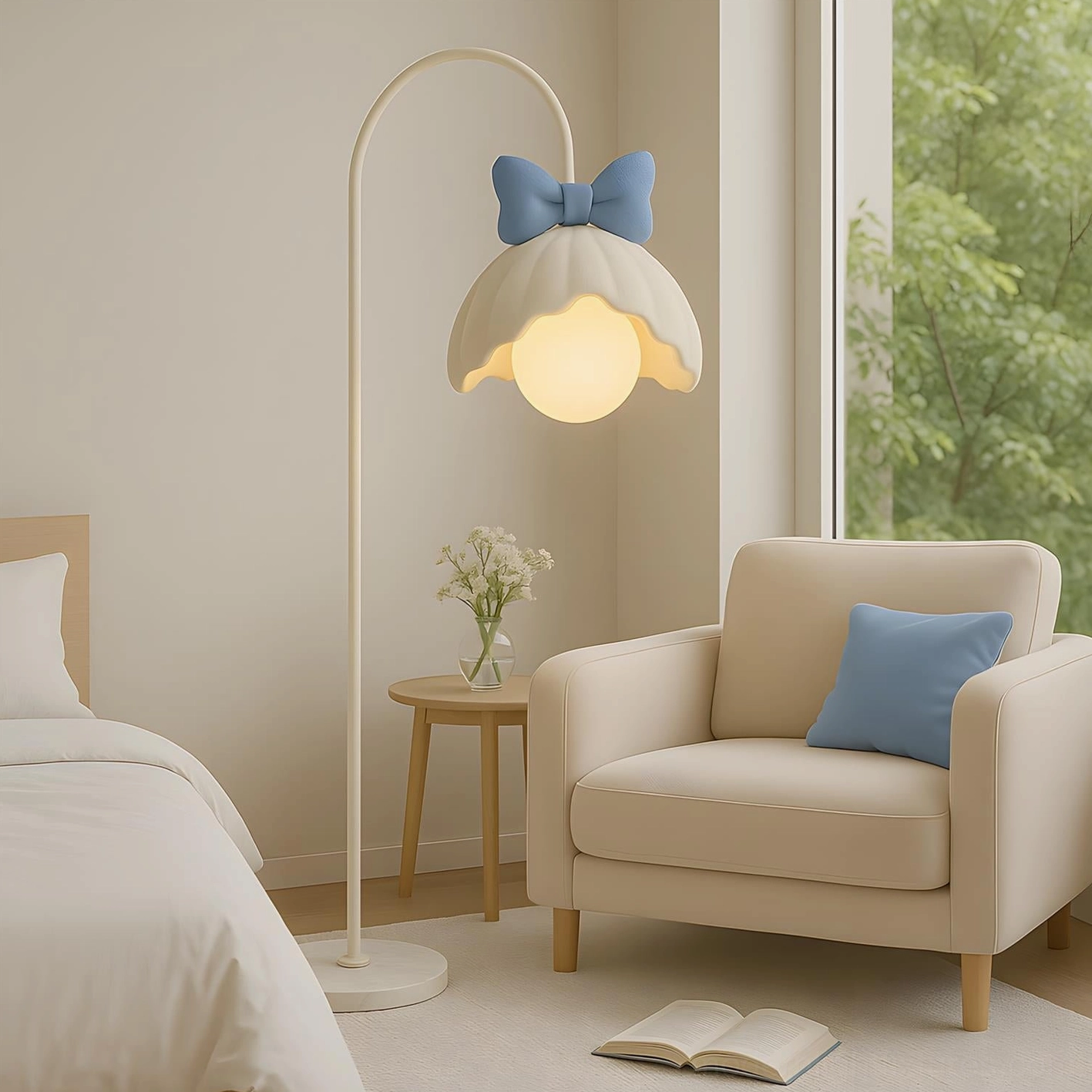 Minty Belle bow floor lamp size reference showing 145cm height proportions in bedroom setting