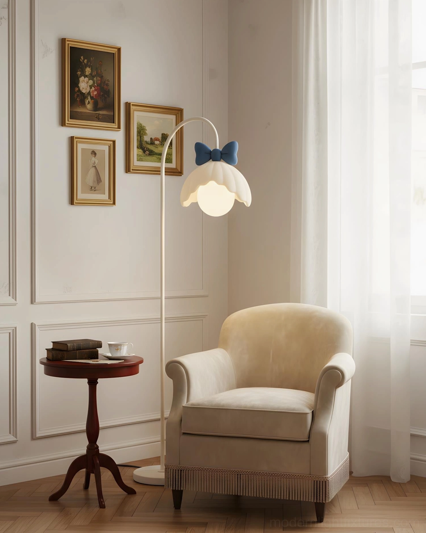Scalloped bow floor lamp side perspective in traditional elegant formal living room seating area