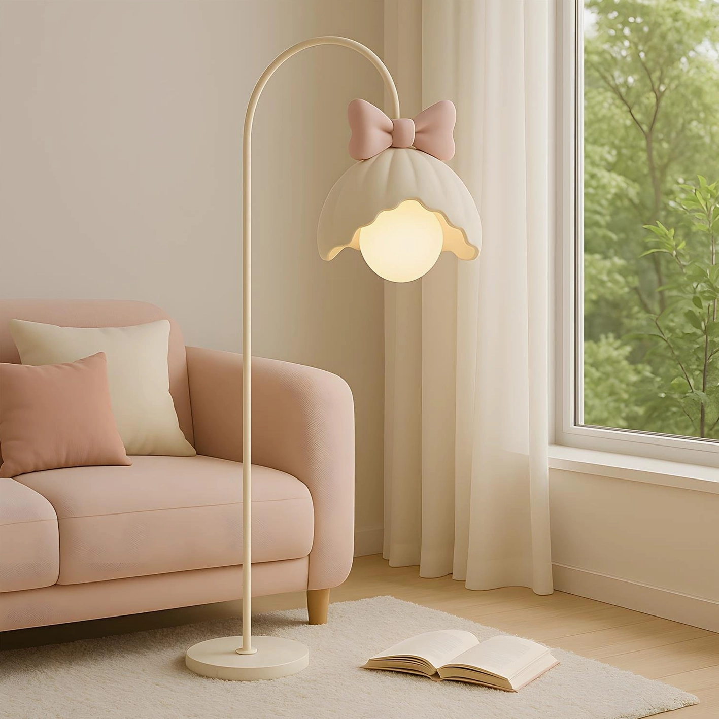 Pink scalloped bow floor lamp in soft feminine interior design space with decorative elements