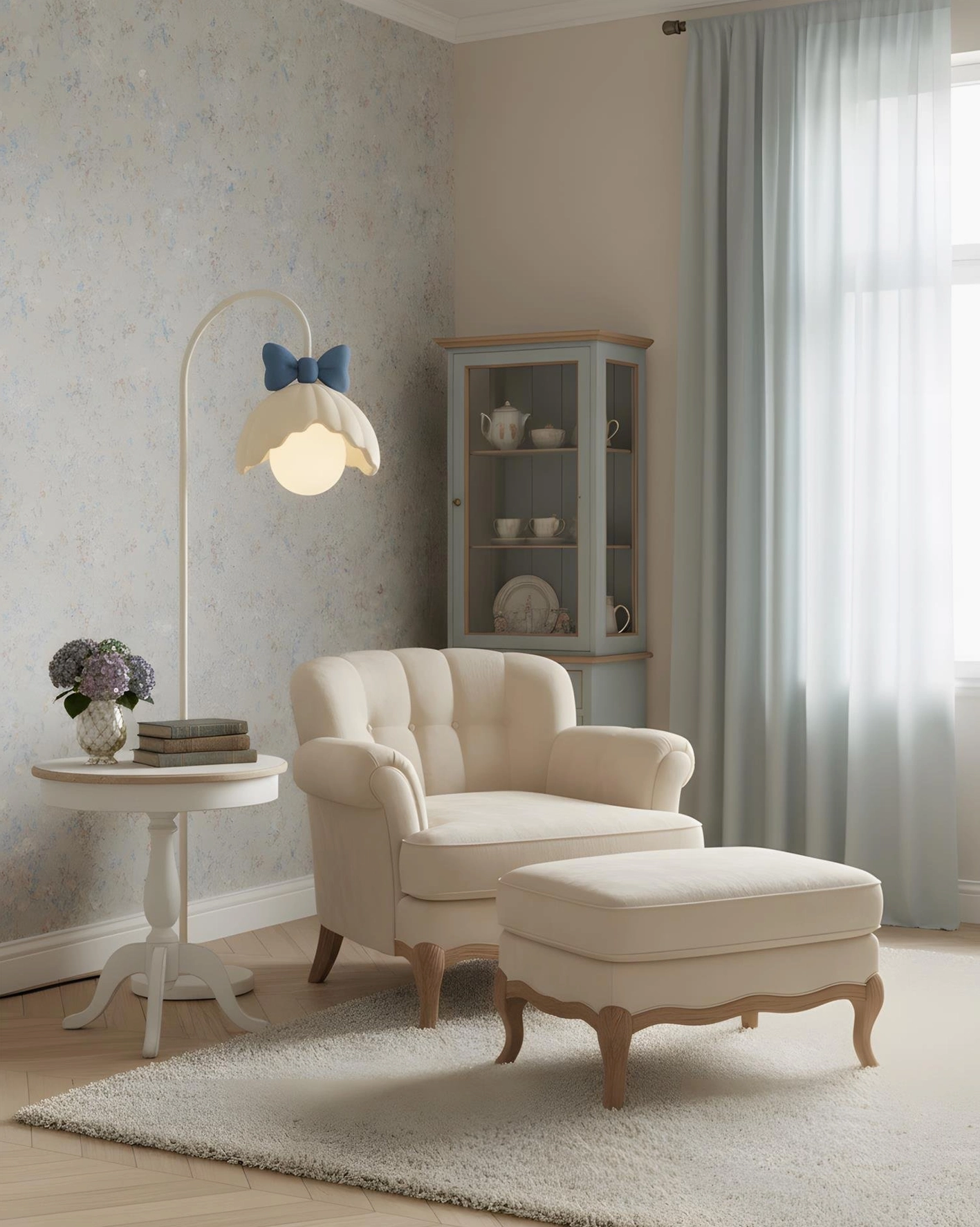 Minty Belle bow floor lamp full height view showcasing scalloped shade and bow accent design detail