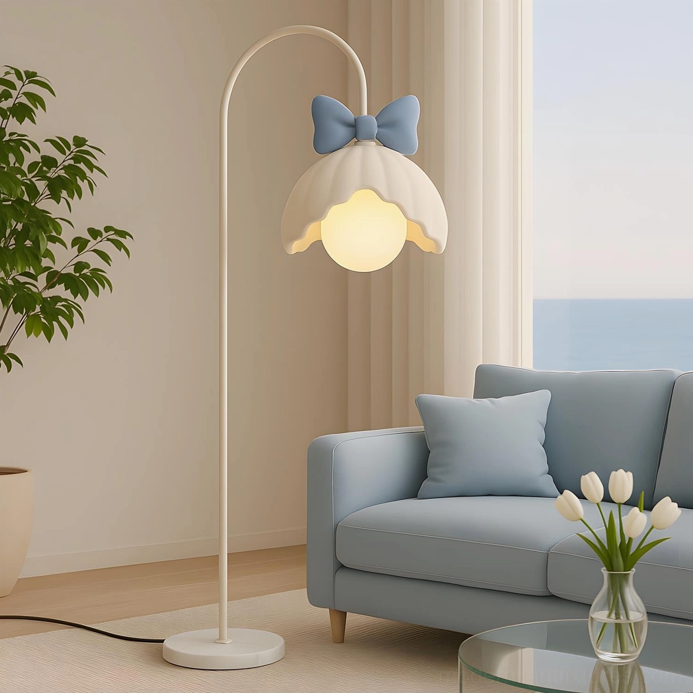 White scalloped bow floor lamp versatile neutral color in contemporary minimalist home setting