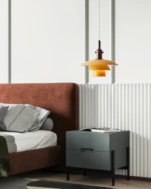Mirage Layer geometric pendant light suspended in minimalist Nordic bedroom, casting warm diffused light on bedside table