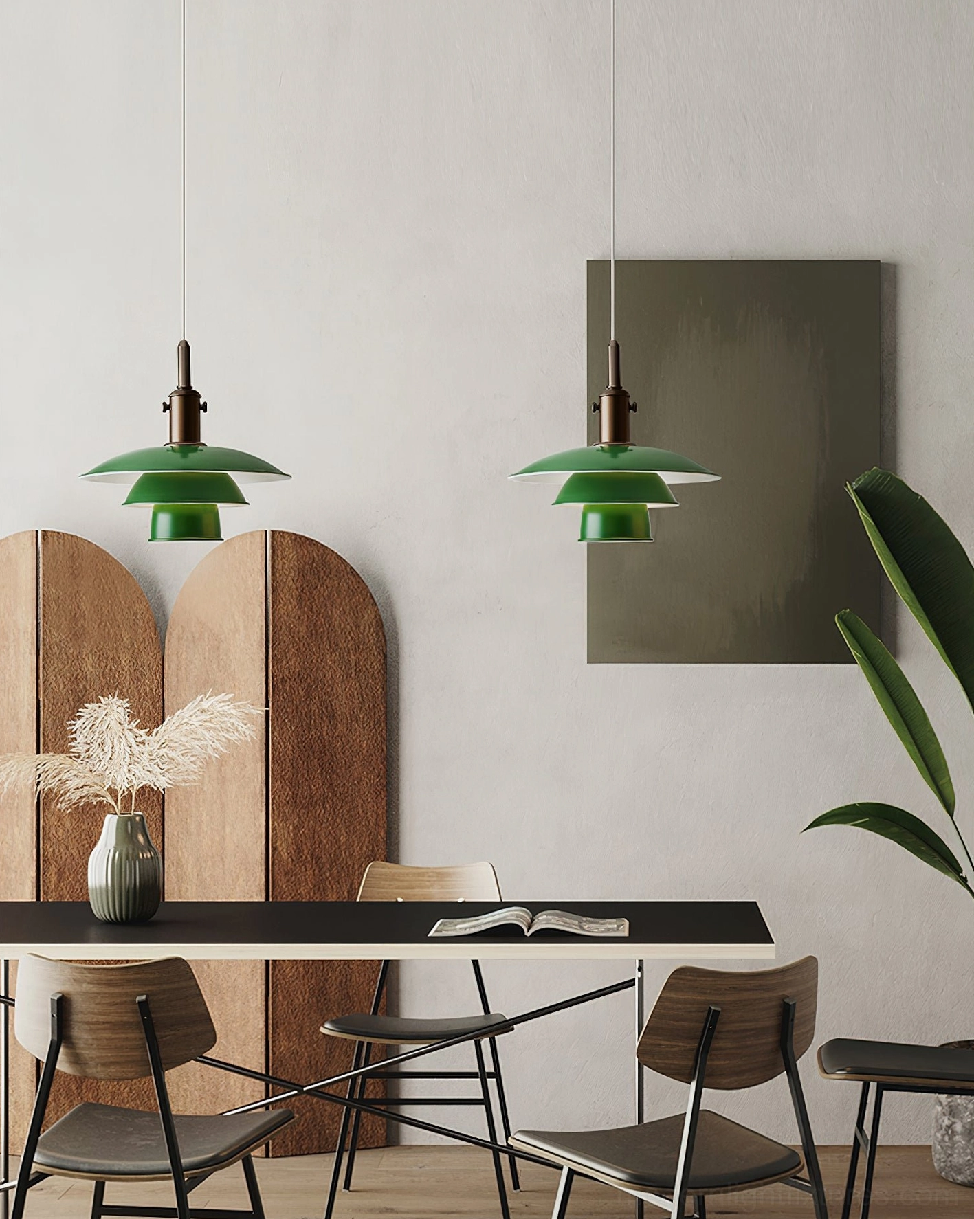Mirage Layer modern pendant fixture in forest green, dining room workspace scene with contemporary home decor