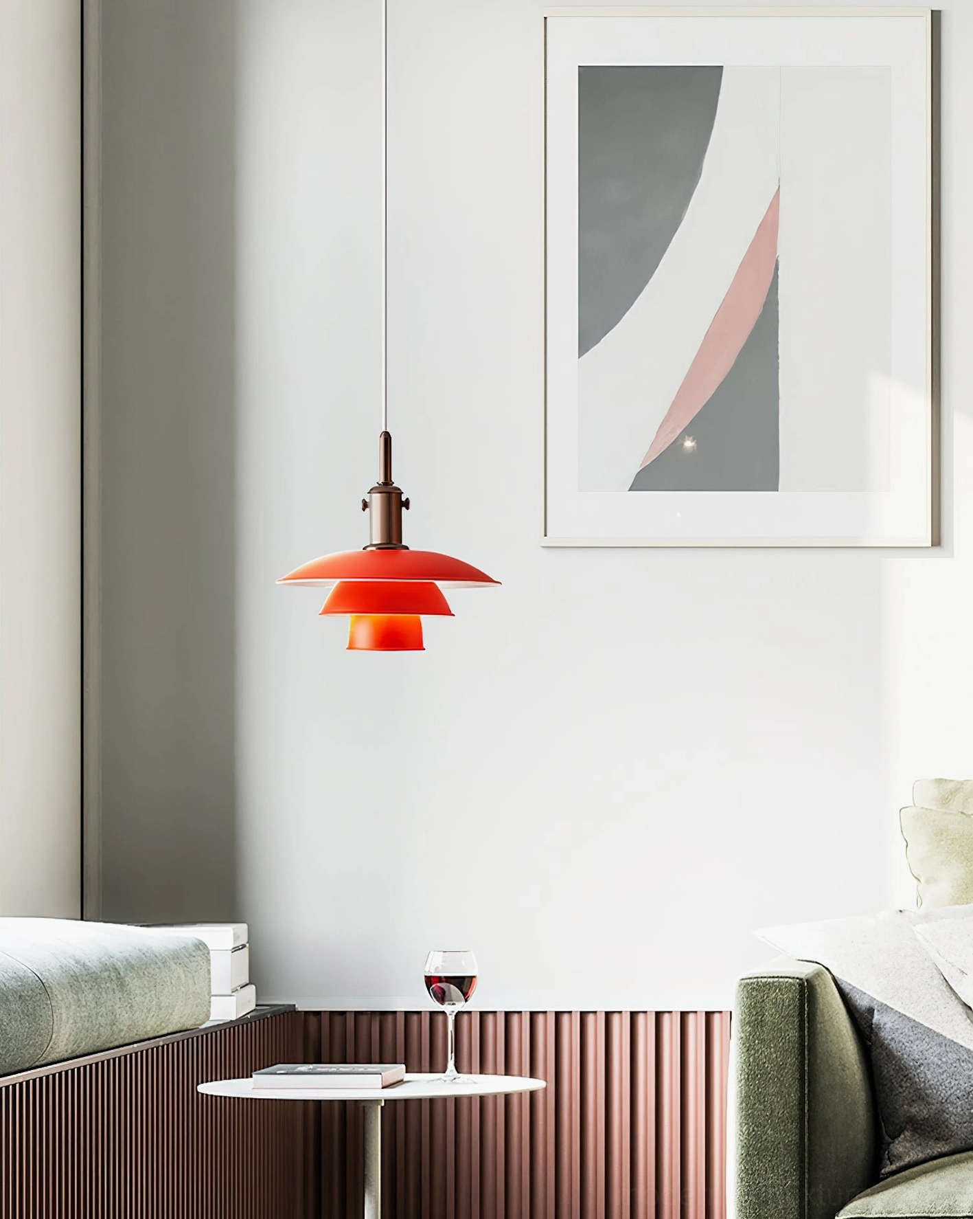 Mirage Layer tiered pendant light in bright red, living room lounge seating area with compact Nordic design