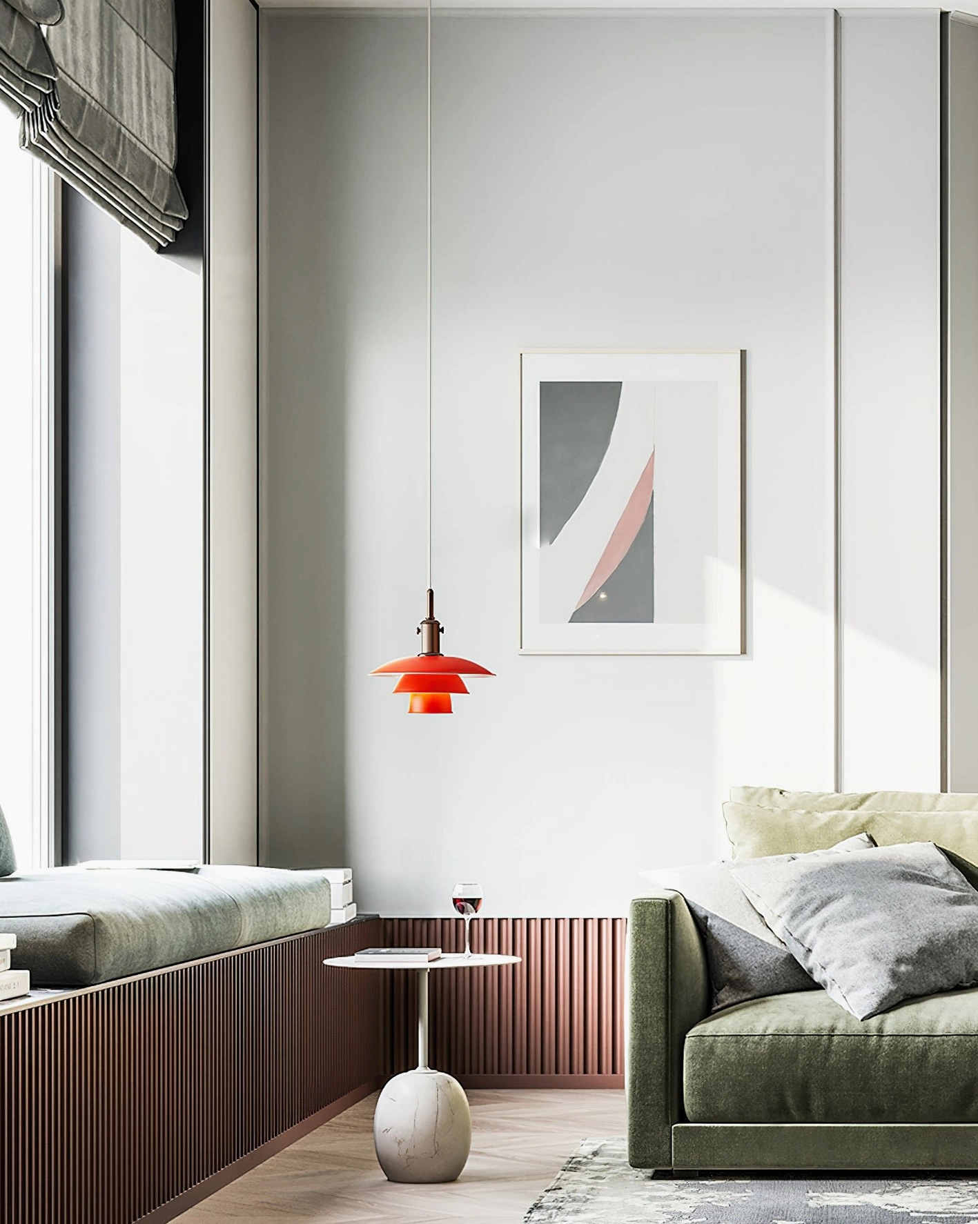 Mirage Layer modern geometric pendant light in crimson red, small living room with space-saving Nordic décor styling