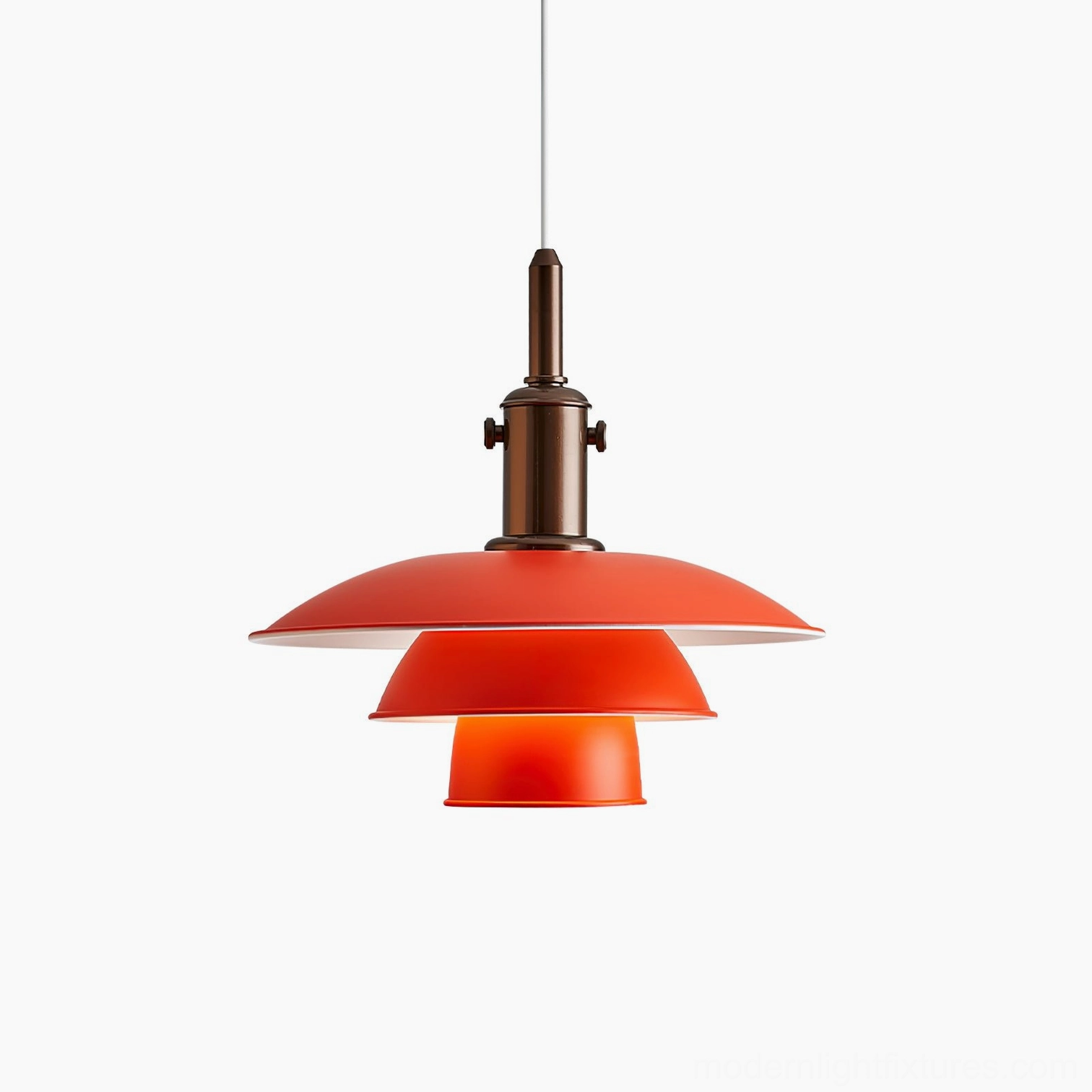 Mirage Layer tiered pendant light in vibrant red, three-layer aluminum shade design with geometric form on white background