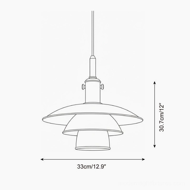 Mirage Layer pendant light technical schematic, orthographic line drawing showing 33cm diameter and 30.7cm height dimensions