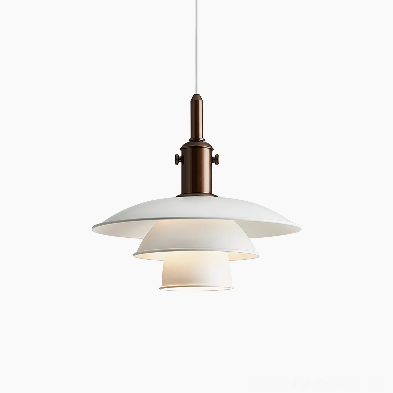 Mirage Layer modern pendant light with white sculptural shades and bronze metal fixture on plain white studio background
