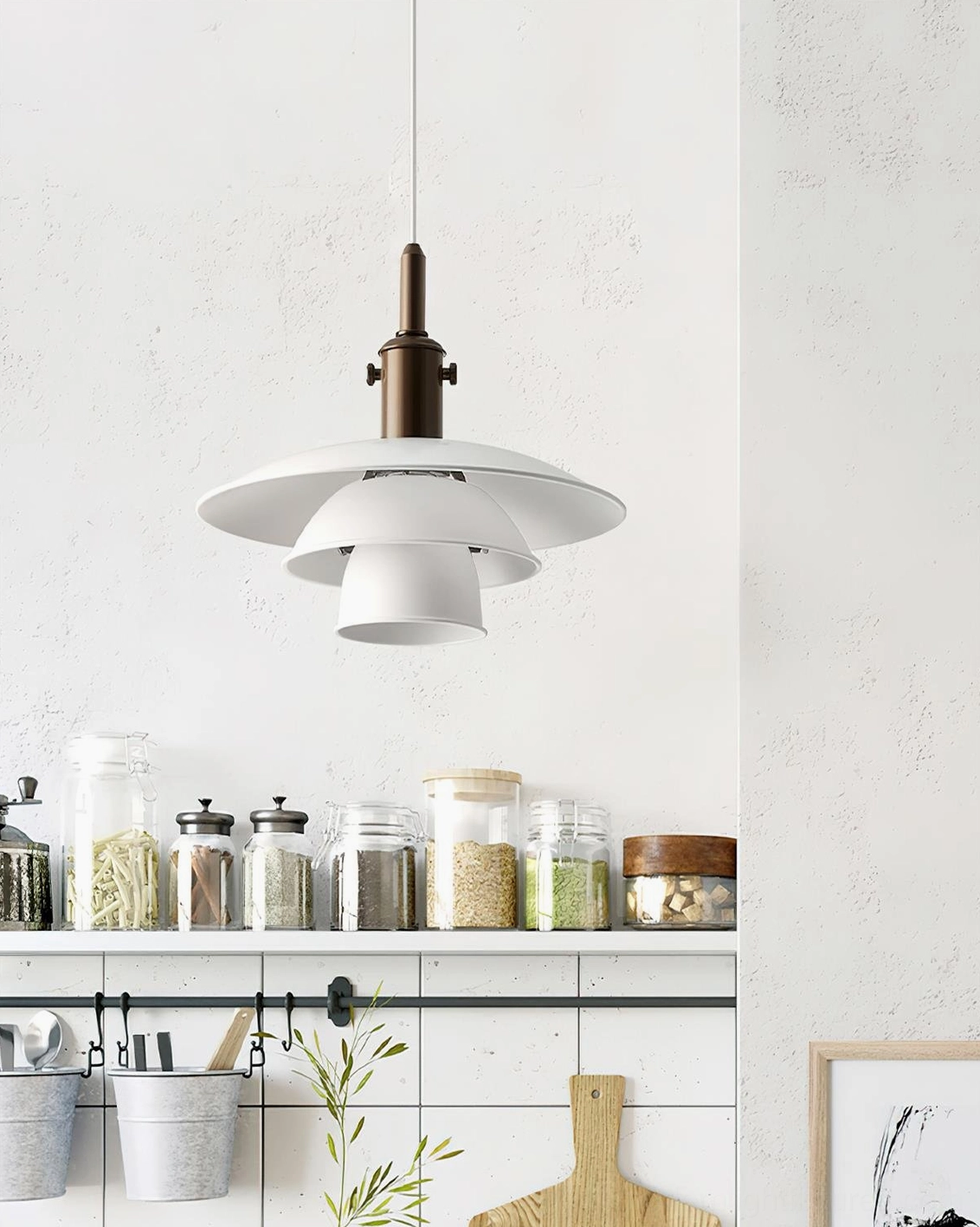 Mirage Layer pendant light with white gradient aluminum shades, kitchen pantry area with bronze metal base and minimalist styling