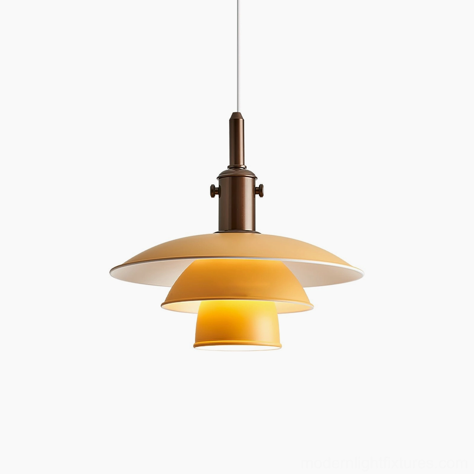 Mirage Layer tiered pendant light in warm yellow, close-up front view showing three-layer shade construction and bronze fixture