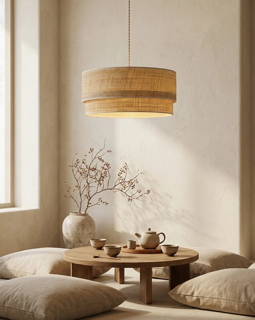 Mirella two-tier woven pendant light above low floor cushion lounge area with wooden coffee table and dried florals