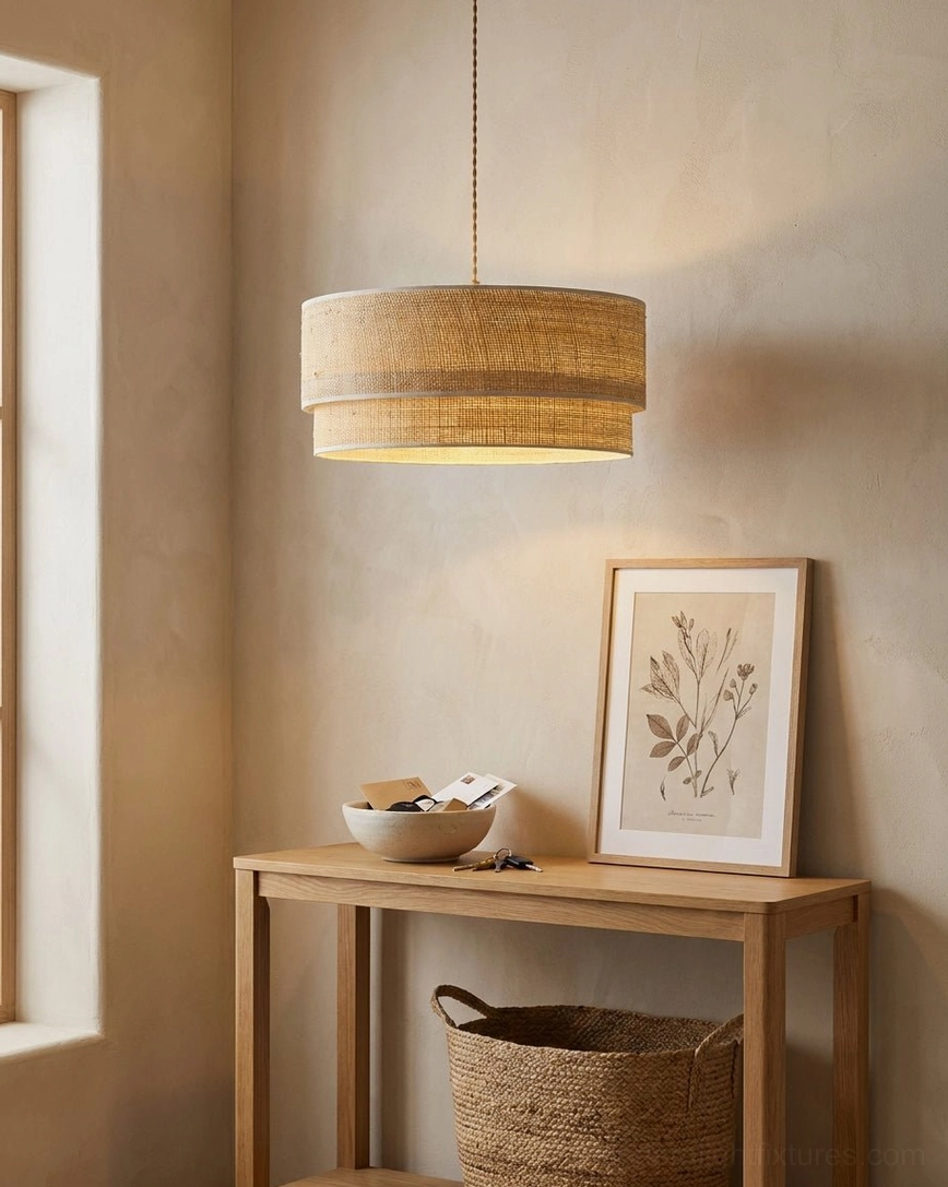 Mirella two-tier raffia pendant light in neutral minimalist entryway with console table and woven storage baskets