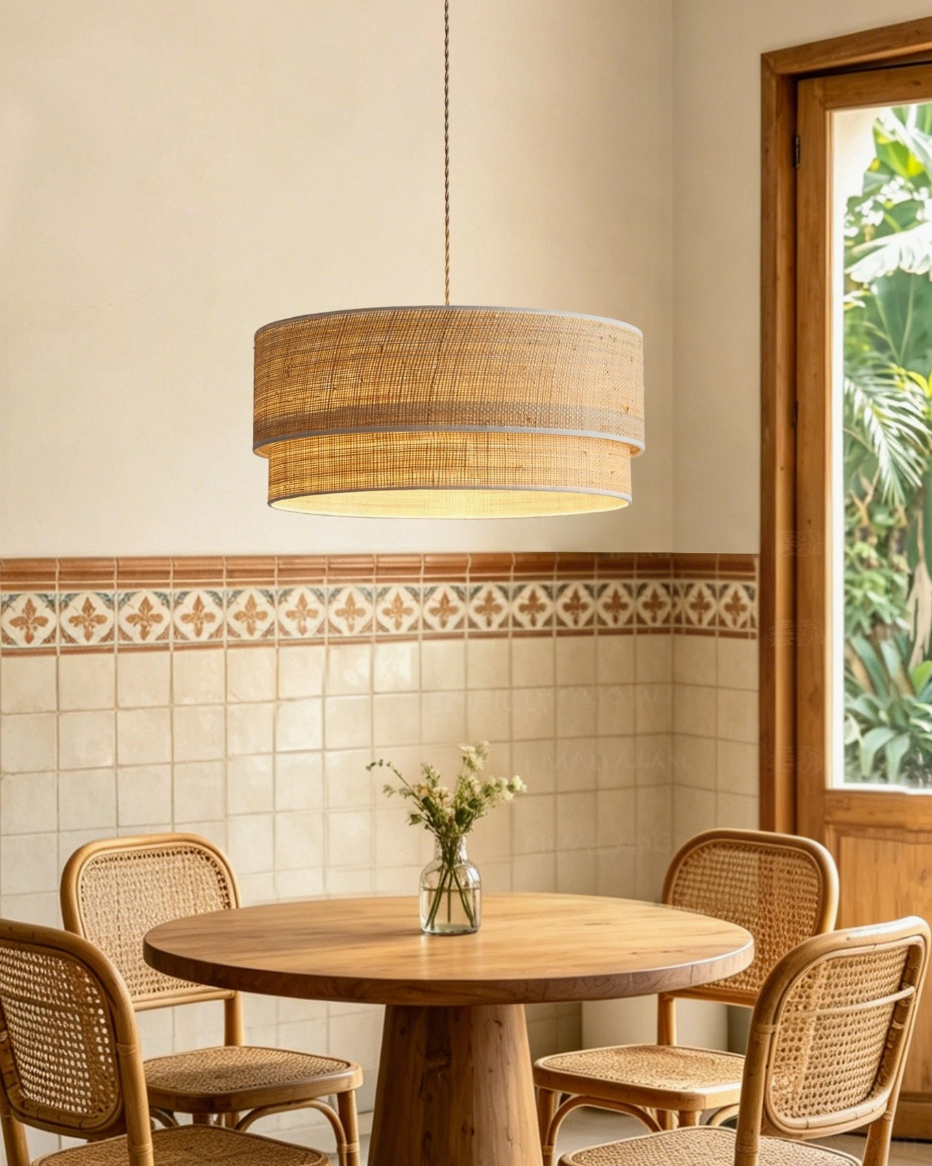 Mirella two-tier raffia pendant light with adjustable cord and solid wood ceiling canopy mounting hardware detail