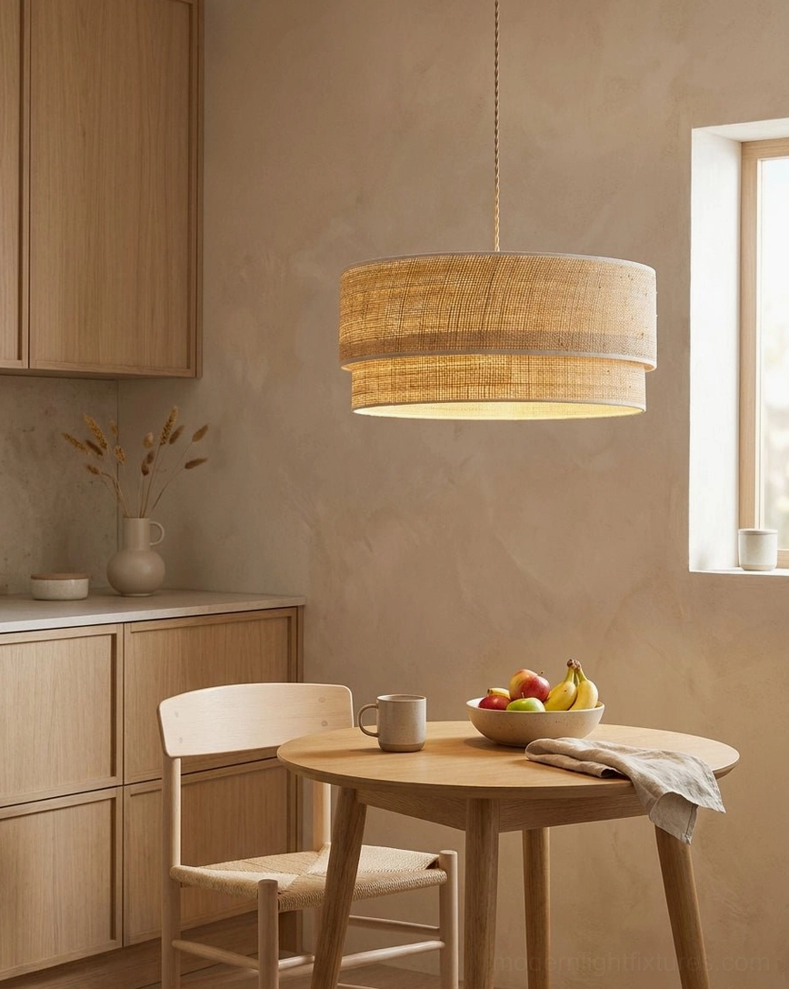 Mirella drum pendant light suspended over round wooden dining table in light wood kitchen nook