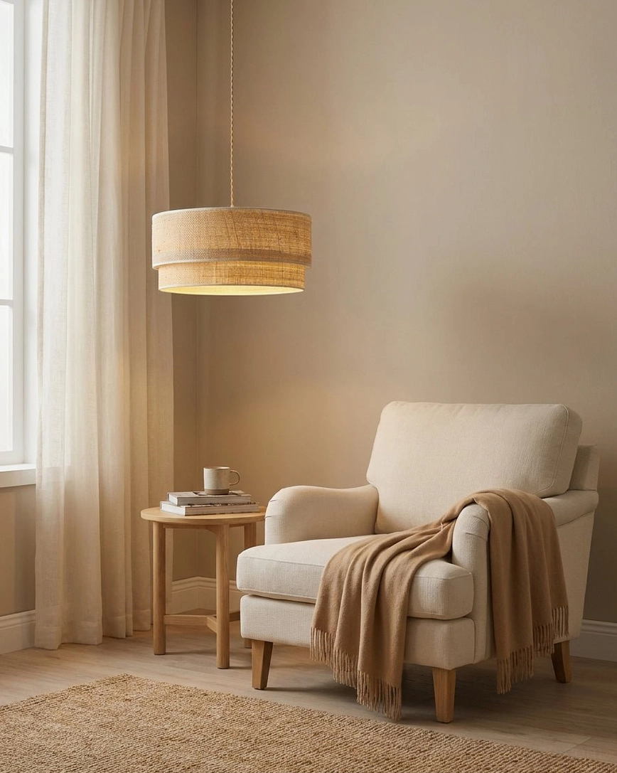 Mirella natural woven raffia pendant hanging over cozy armchair reading corner with sheer curtains