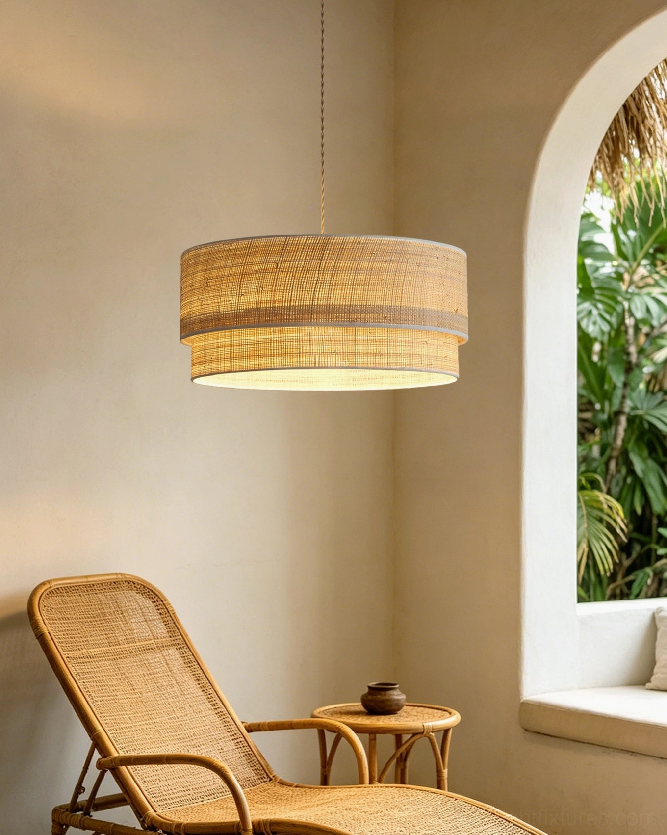 Mirella natural woven raffia pendant in three sizes comparison showing small medium and large drum shade options