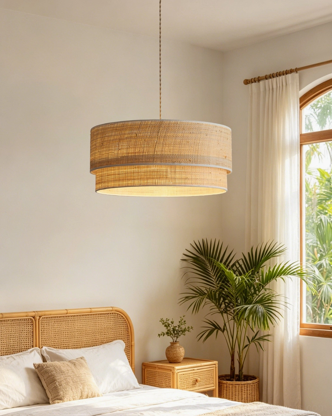 Mirella raffia drum pendant light side profile showing two-tier woven shade construction and open base glow