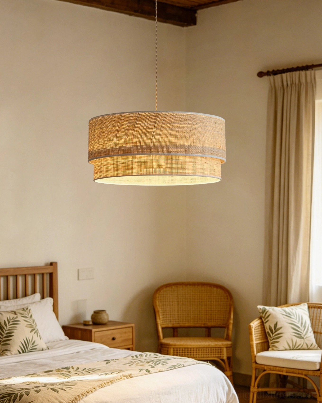 Mirella woven raffia pendant light fixture close-up showing hand-woven drum shade texture and natural fiber detail