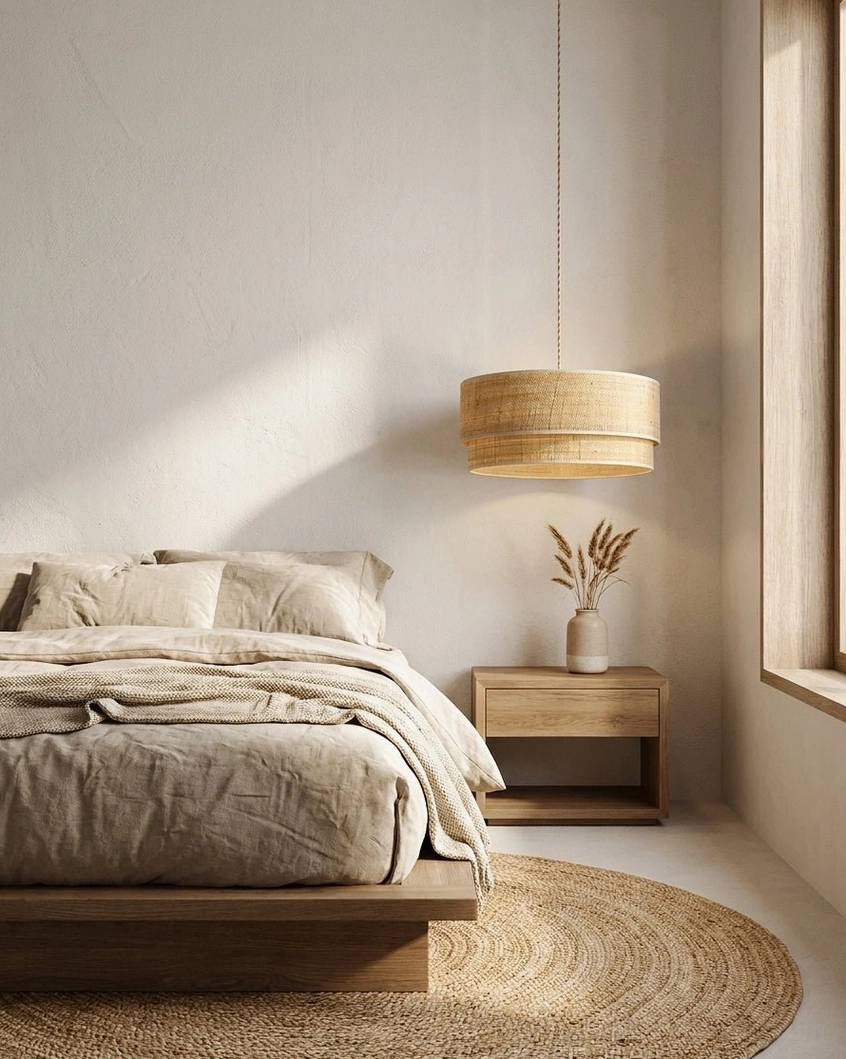 Mirella natural raffia pendant light in minimalist bedroom above woven area rug and low platform bed