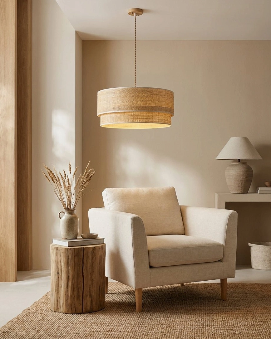 Mirella drum shade pendant in wabi-sabi rustic living room corner with wooden stump side table and ambient lighting