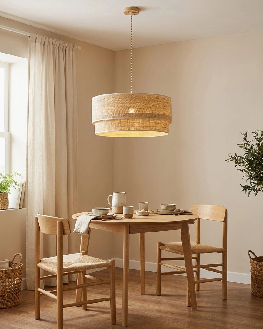 Mirella woven raffia pendant illuminating formal wooden dining set with sheer white curtains and botanical accents