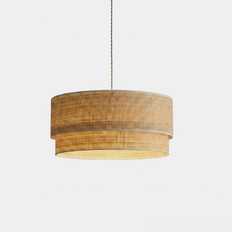 Mirella two-tier woven raffia drum pendant light with solid wood canopy, front view on white background
