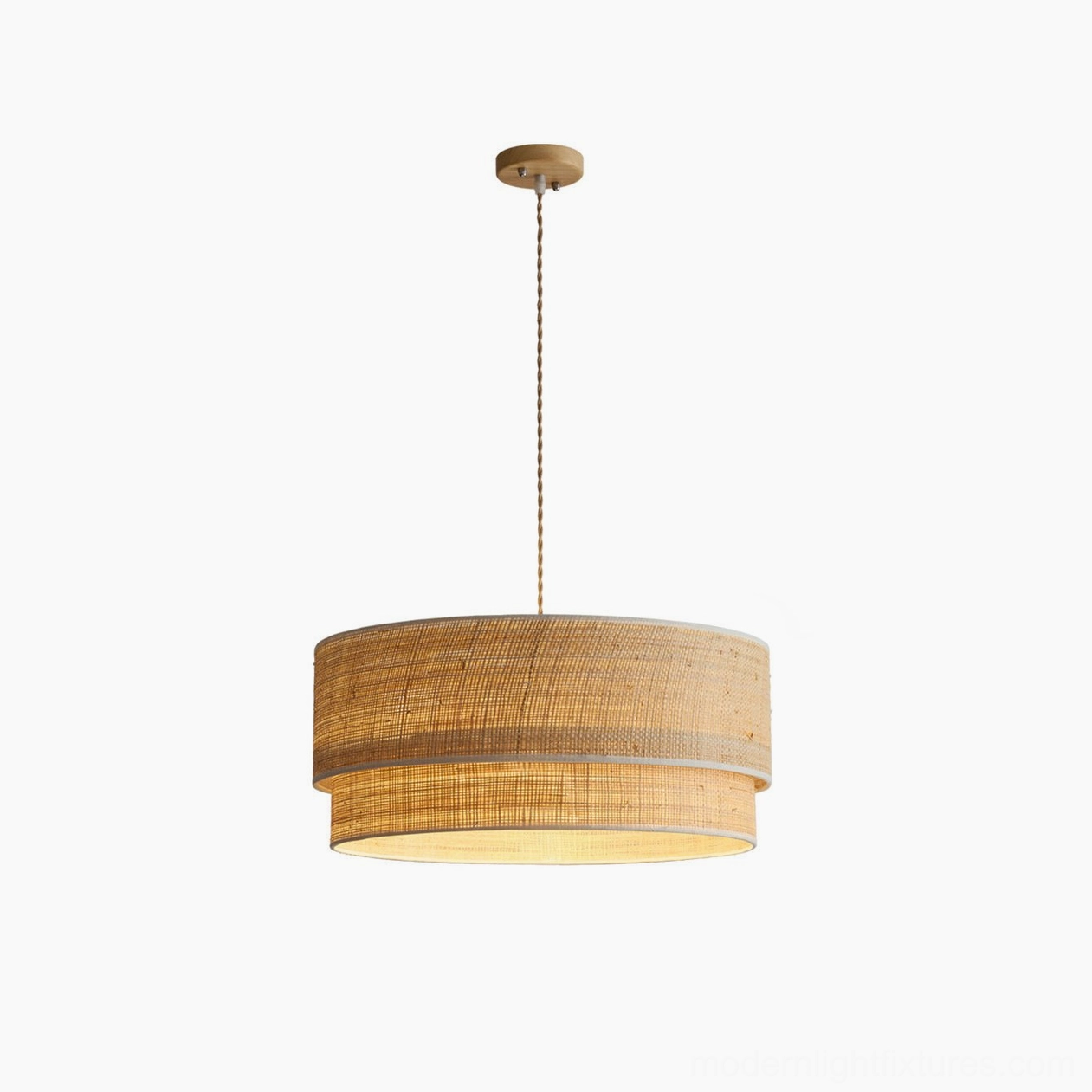 Mirella natural woven raffia pendant light product variant showing natural rattan drum shade with wood canopy