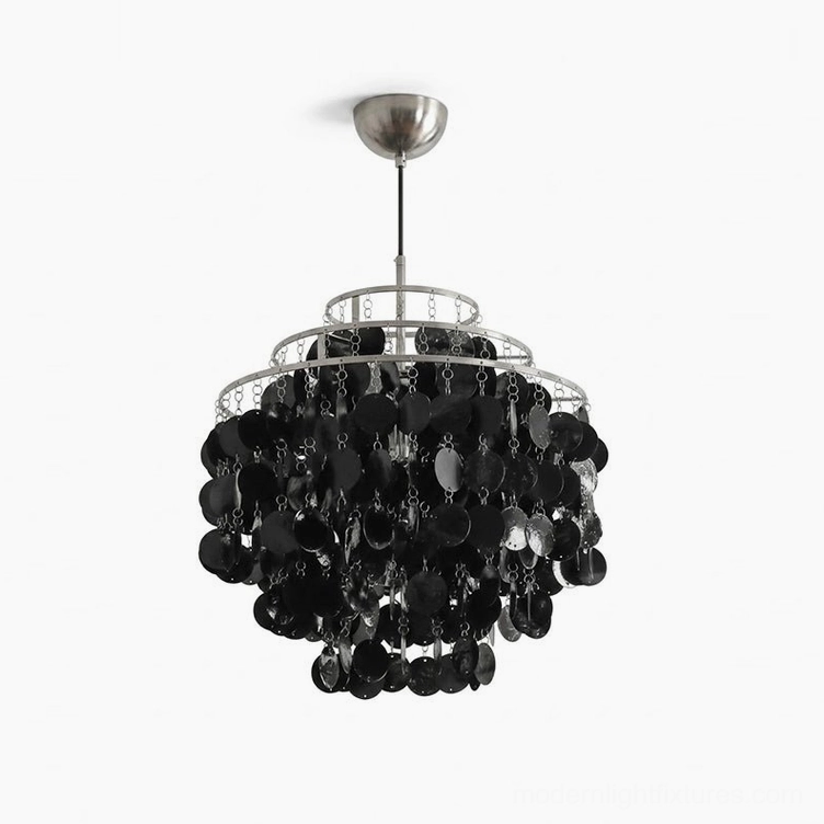Mirelle tiered black capiz shell chandelier close-up front view showing natural shell disc texture and nickel frame