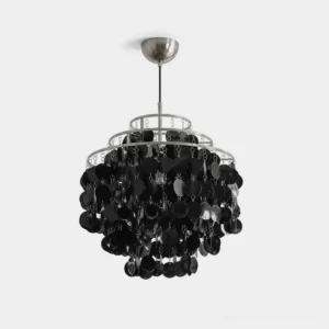 Mirelle tiered black capiz shell chandelier front view with satin nickel frame and cascading shell discs on white background