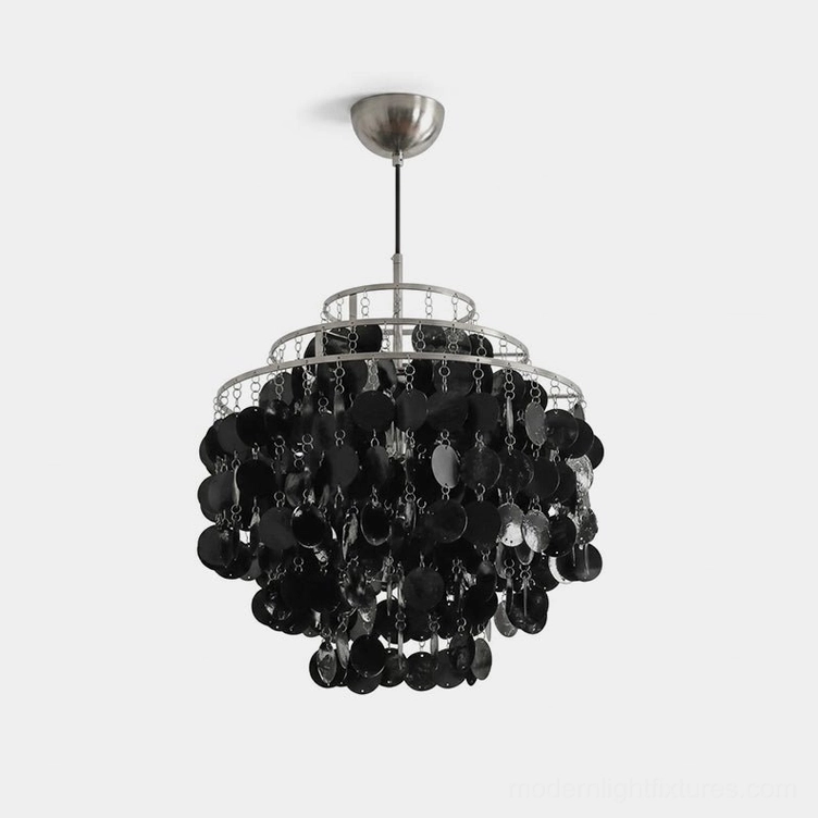 Mirelle tiered black capiz shell chandelier front view with satin nickel frame and cascading shell discs on white background