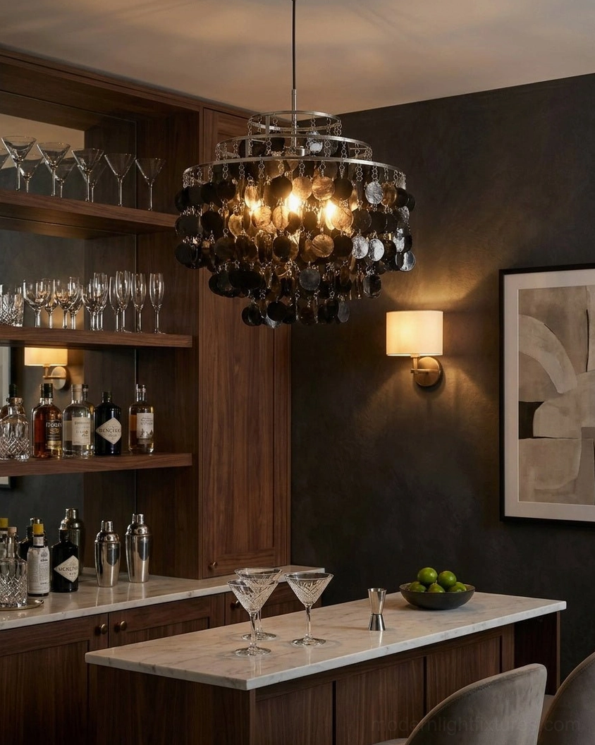 Mirelle black capiz disc chandelier above luxury bar counter with dark wood finishes