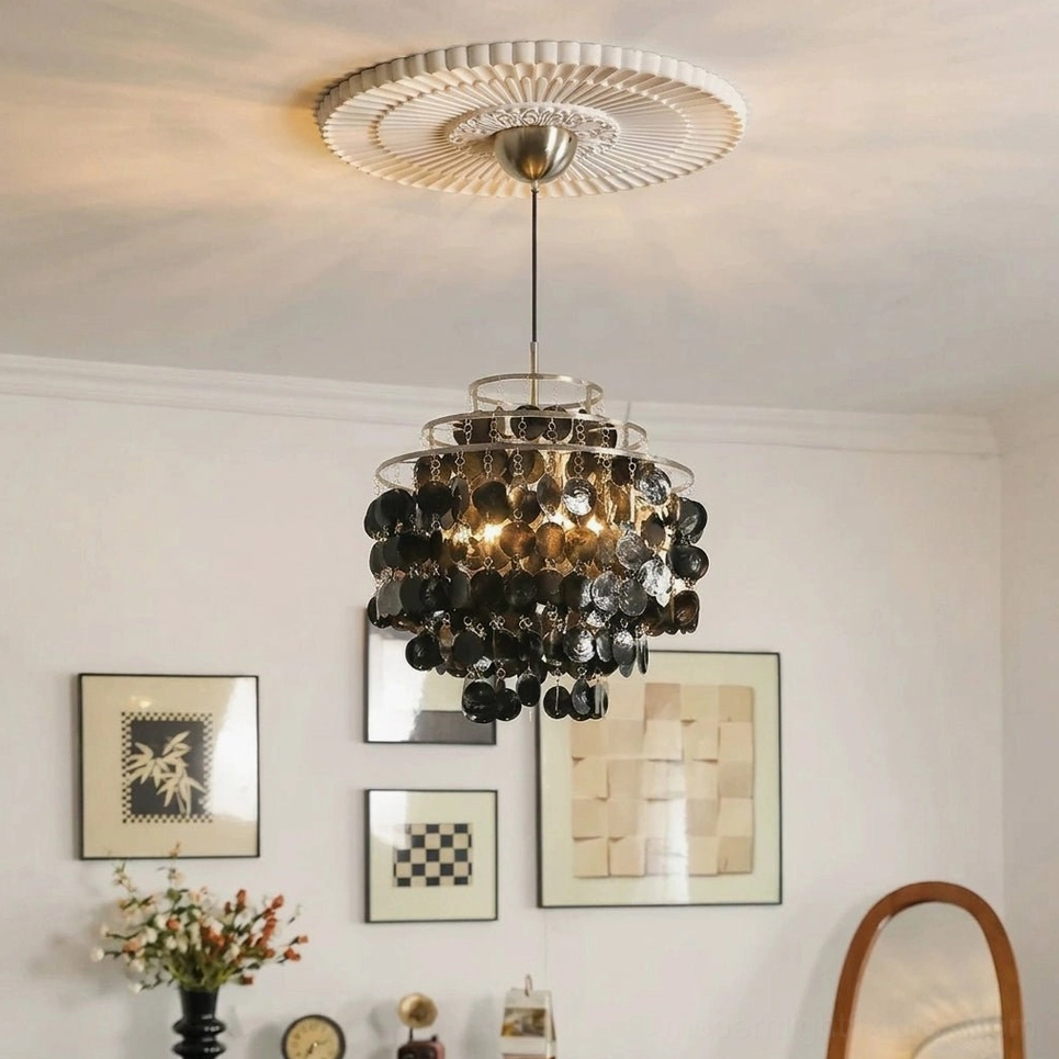 Mirelle black capiz chandelier ceiling view in luxury residential sitting room with decorative medallion and warm lighting