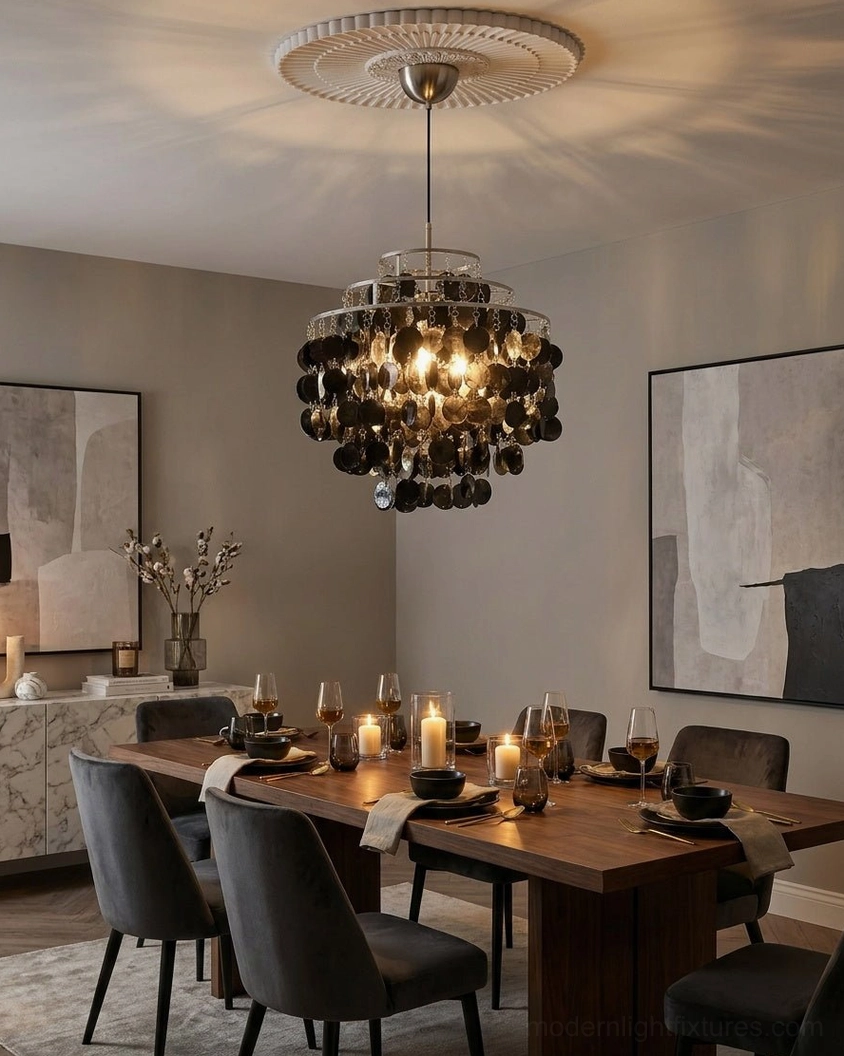 Mirelle black capiz chandelier above wooden dining table in upscale modern dining room