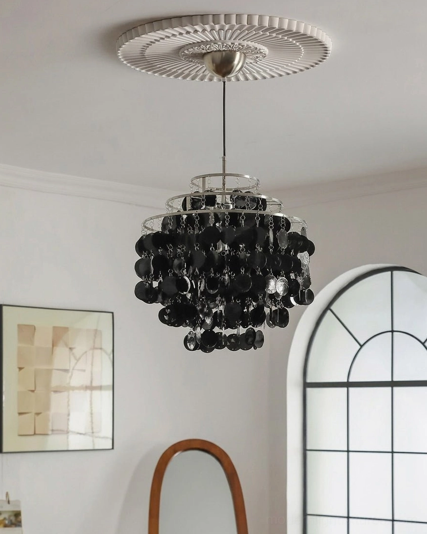 Mirelle black capiz shell chandelier in minimalist residential room with decorative ceiling medallion