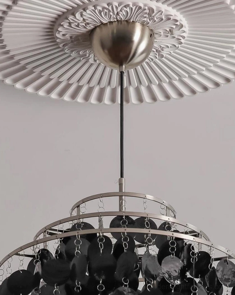Mirelle black capiz shell chandelier with natural shell variations and satin nickel hardware detail