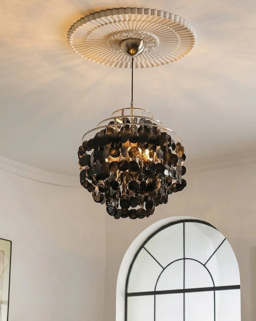 Mirelle tiered shell chandelier in cozy residential living space with warm neutral modern style