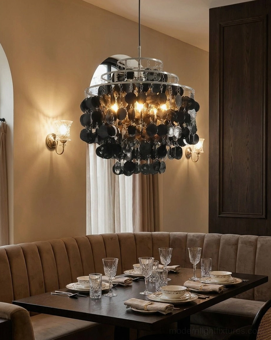 Mirelle tiered capiz shell chandelier in restaurant booth dining area with warm neutral lighting