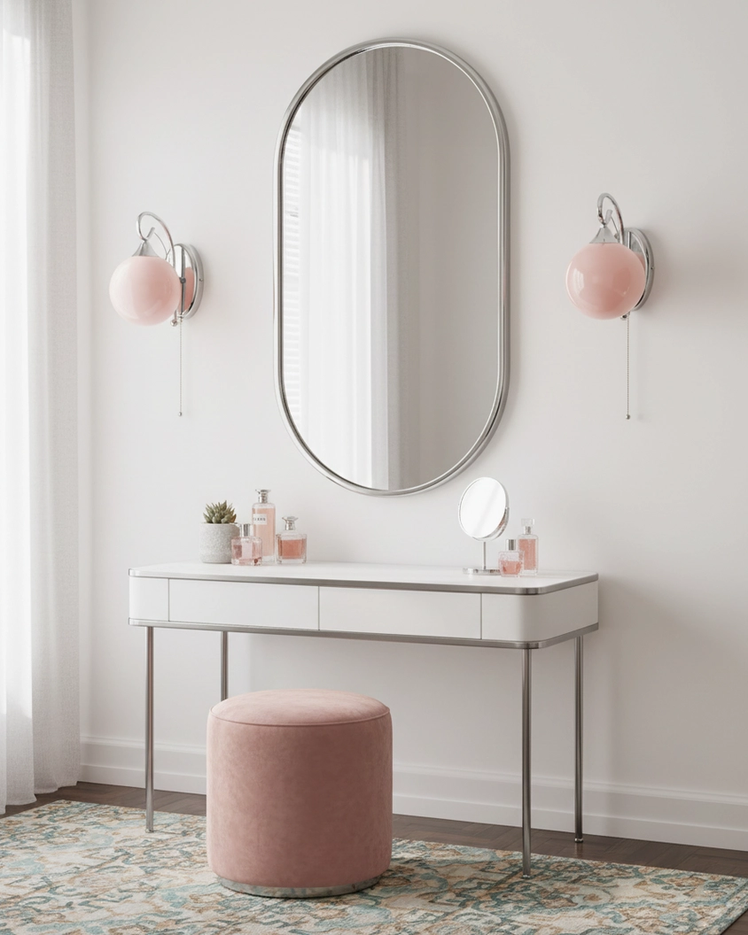 Paired pink glass globe wall sconces flanking vanity mirror in makeup studio, chrome metal fixtures, dual lighting setup