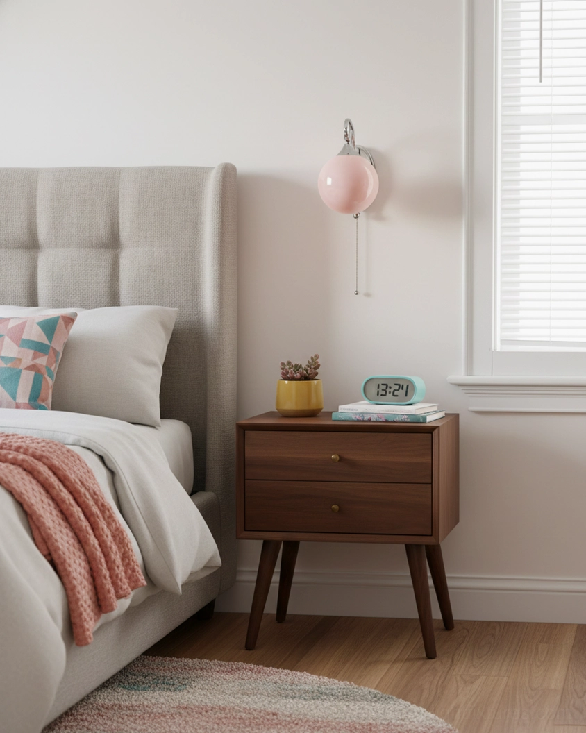 Pink Mirelle Glo wall sconce mounted in contemporary living room with mid-century modern armchair, ambient bedroom lighting