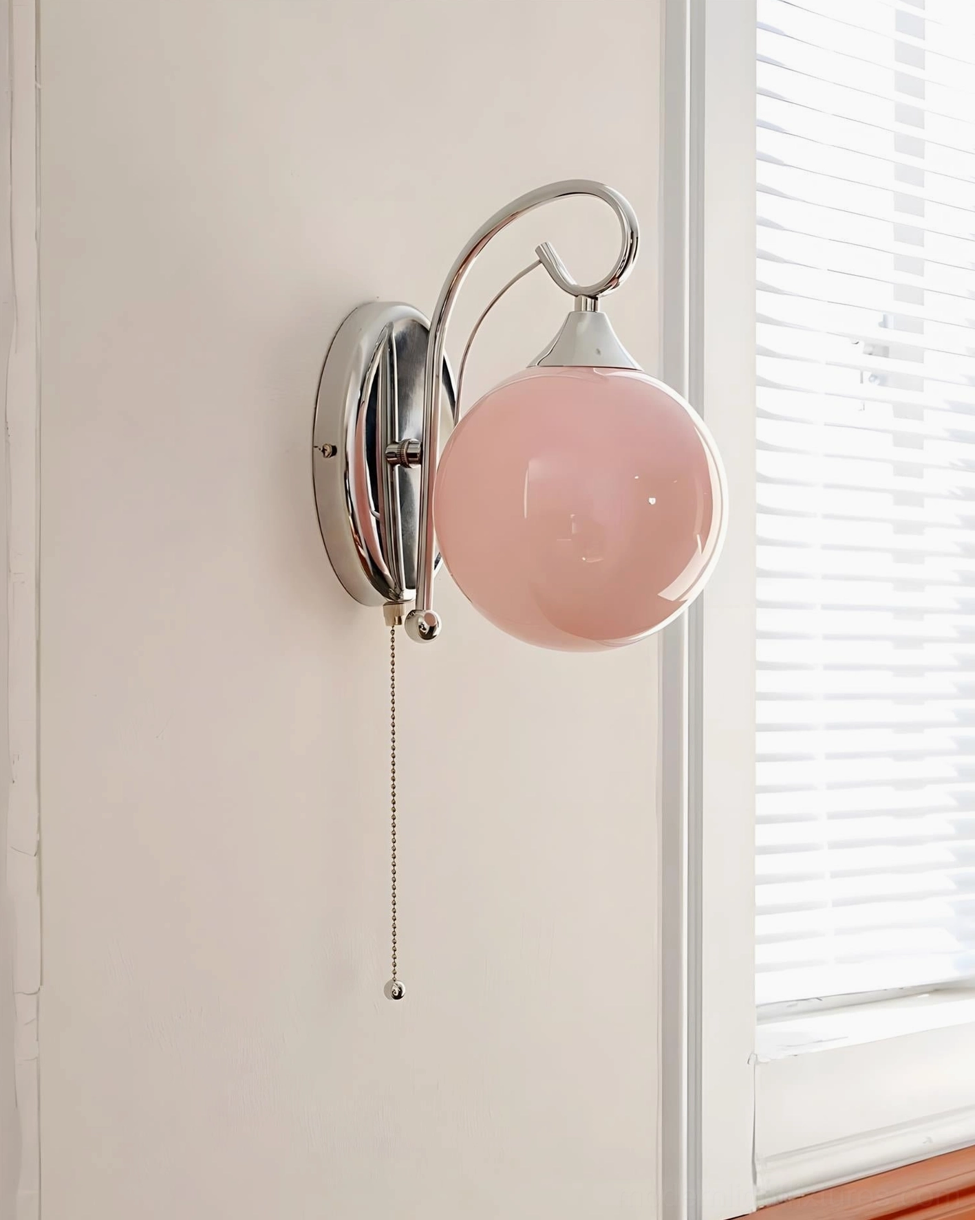 Mirelle Glo modern glass globe wall sconce, architectural curved arm design, product detail photography
