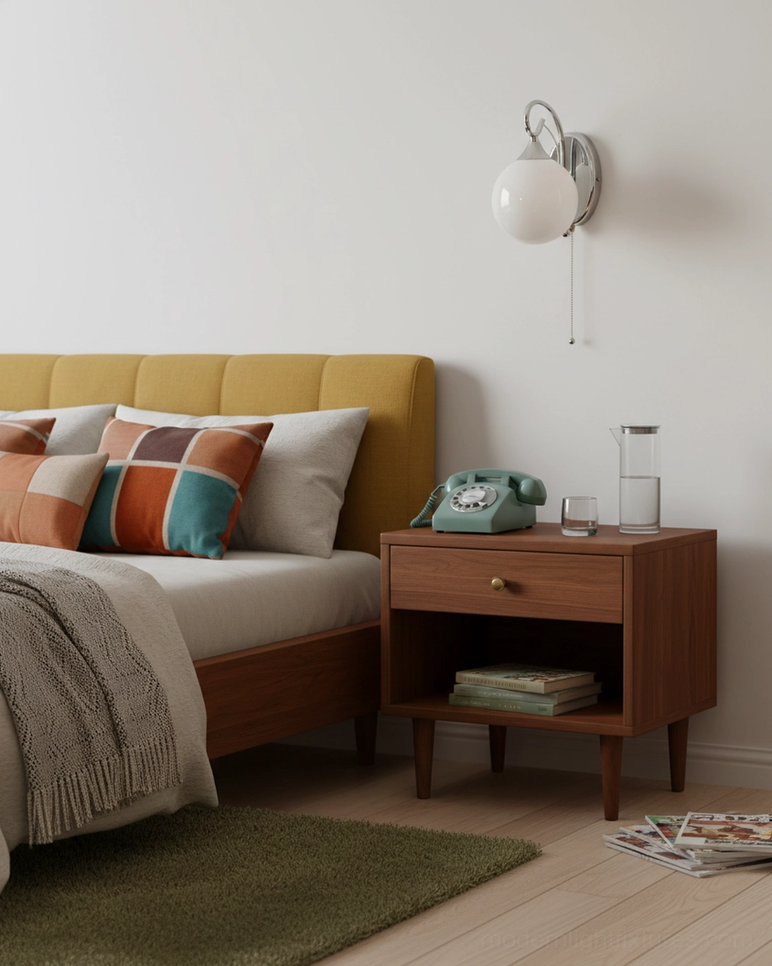 White Mirelle Glo wall sconce in neutral bedroom with mustard bed frame and wooden nightstand, elegant indirect lighting