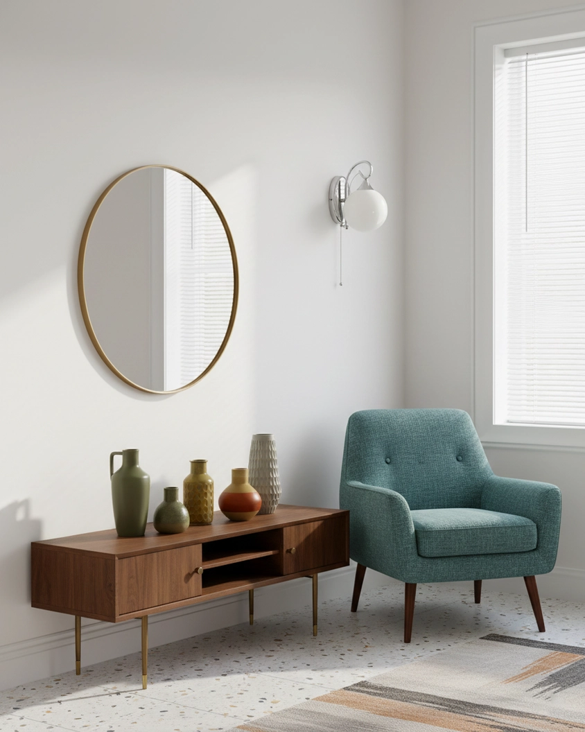 White globe wall lamp mounted above wooden console table in cozy reading corner, warm diffused light ambiance