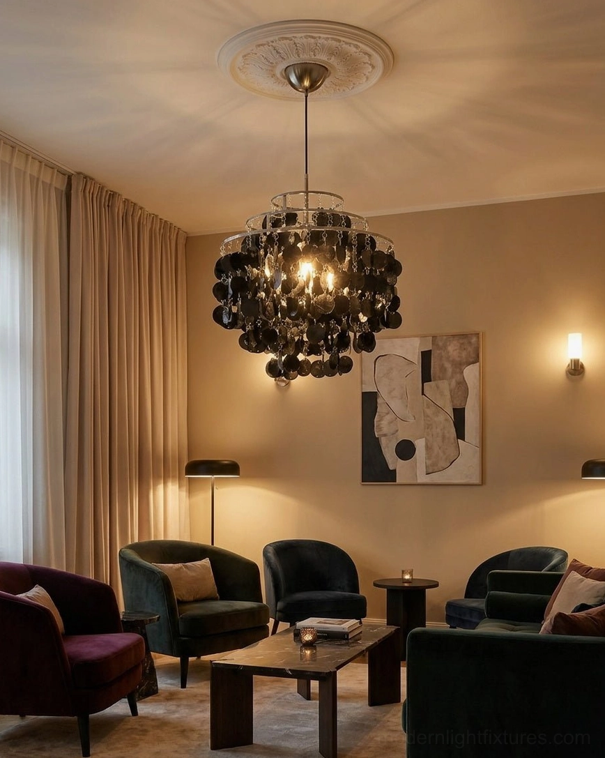 Mirelle tiered shell chandelier installed in modern home lounge with dark luxury decor