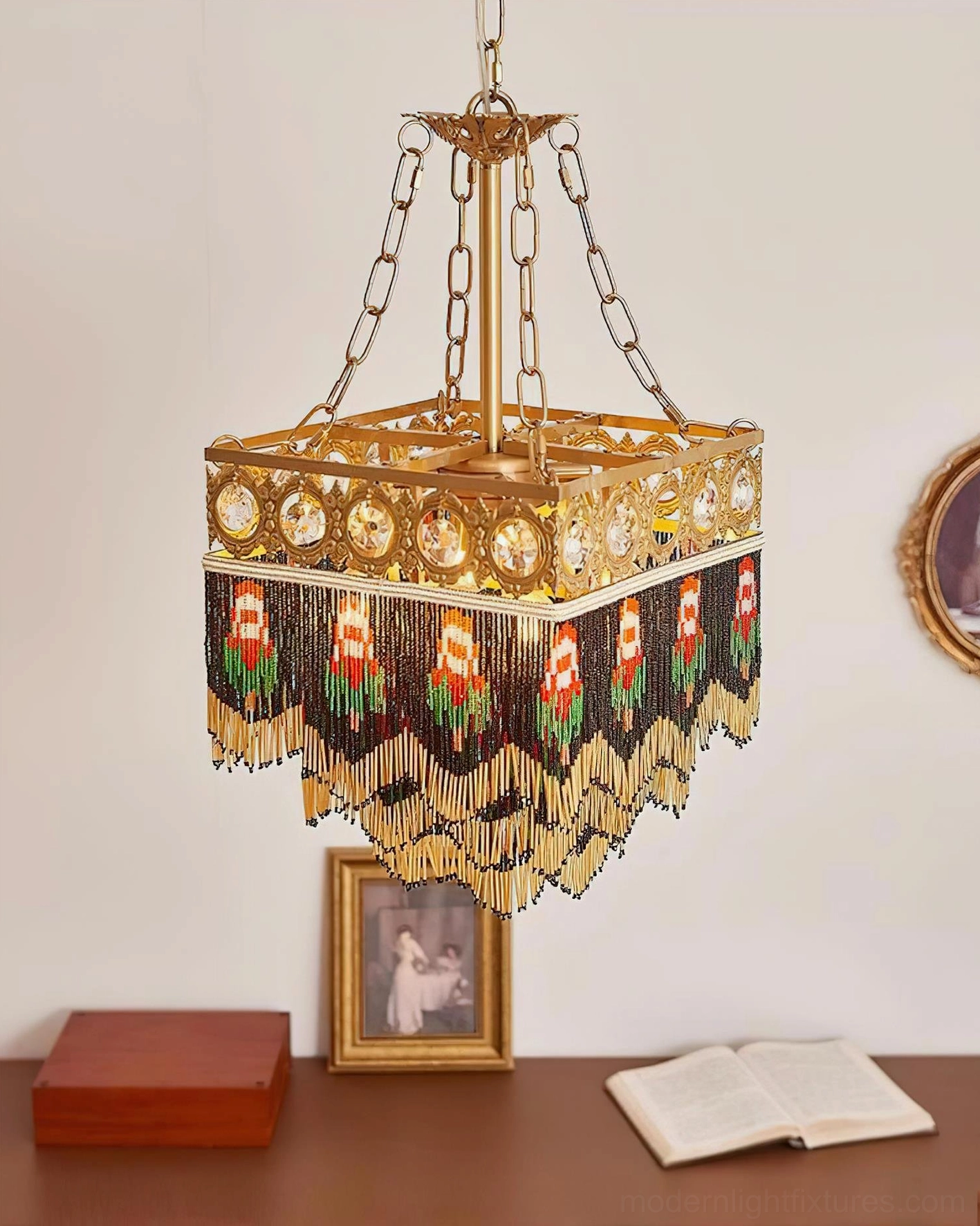 Mirello beaded tassel pendant in brass color showcasing detailed handwoven fringe work