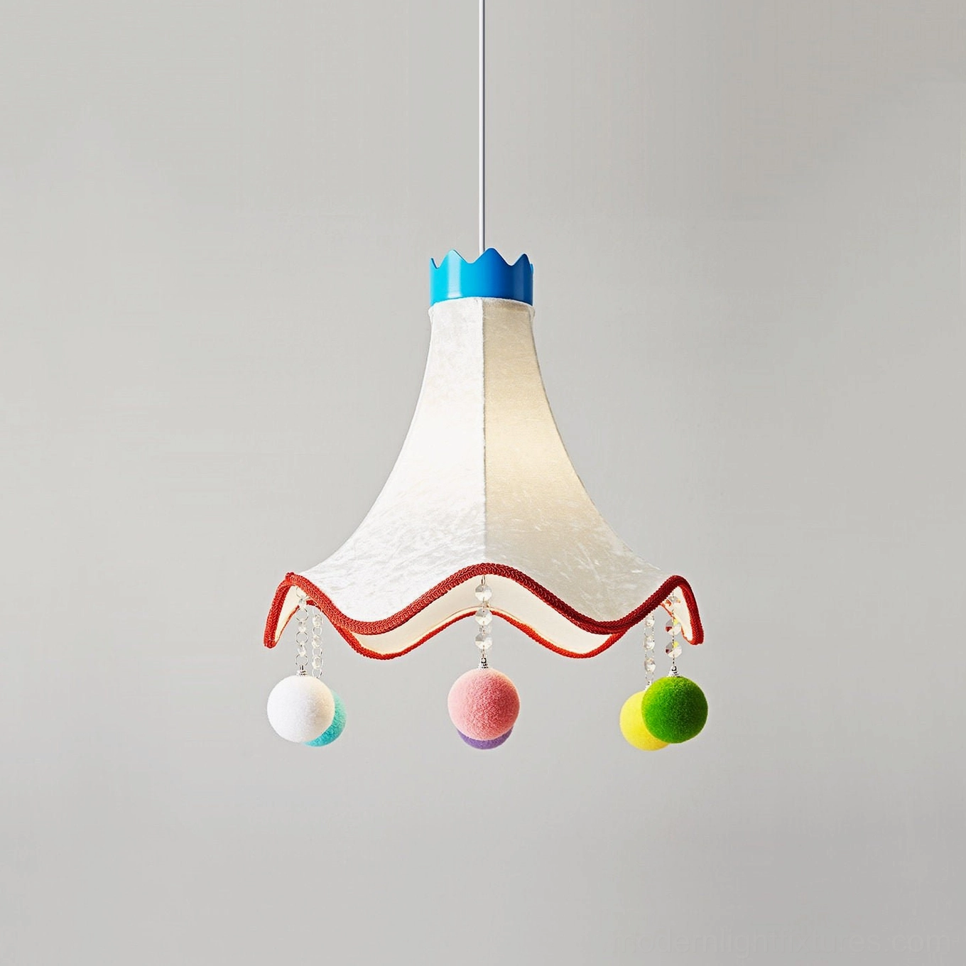 Mireo contemporary pendant lamp with tapered scalloped shade and simplified pastel pom-pom design - Model B
